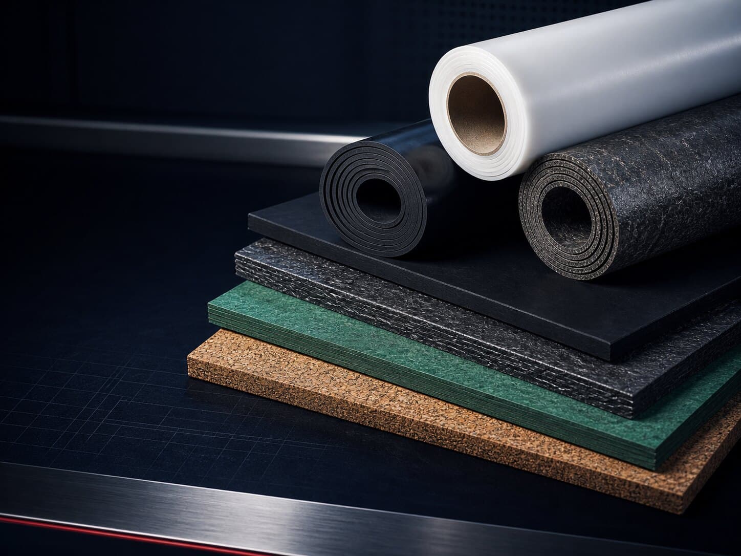 Stacked rolls and full sheets of jointing material in graphite, PTFE, rubber and cork