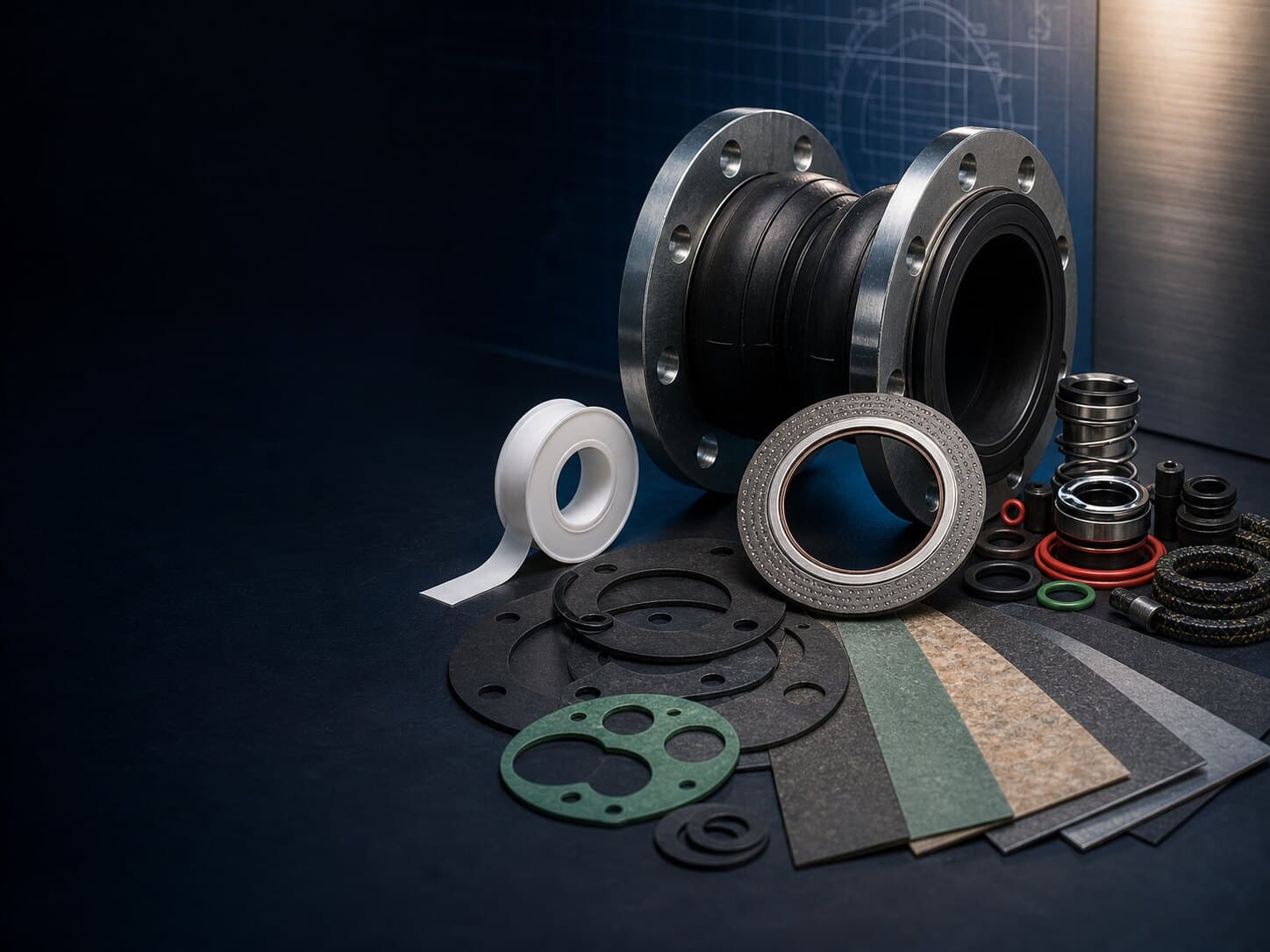 Range of SealGuard flange gaskets including spiral-wound, PTFE and compressed-fibre styles laid on a steel surface