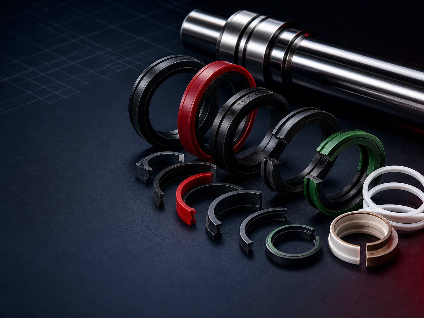 Hydraulic rod and piston seals including U-cups, step seals, wipers and back-up rings