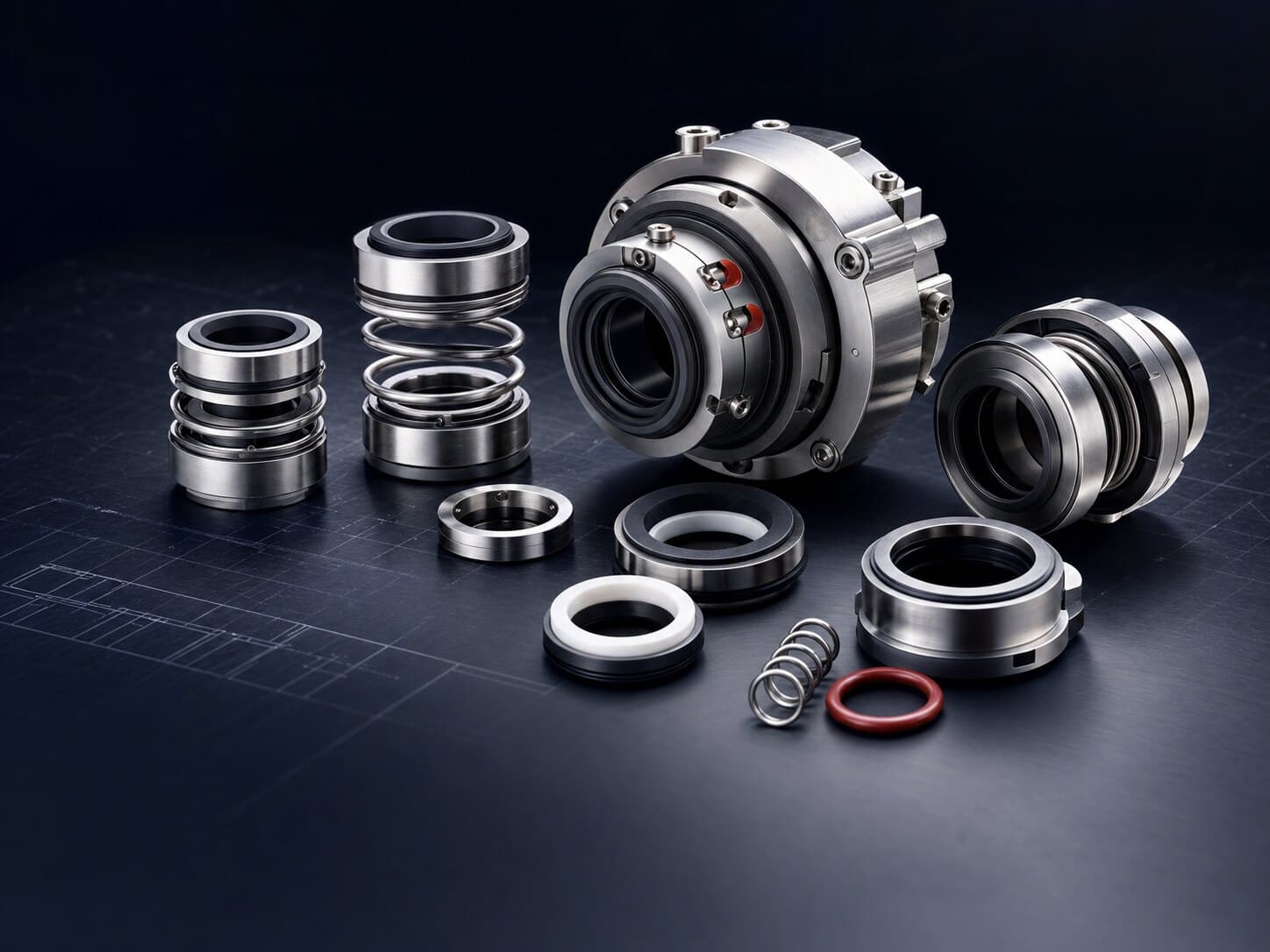 Cutaway cartridge mechanical seal showing lapped seal faces, springs and elastomers