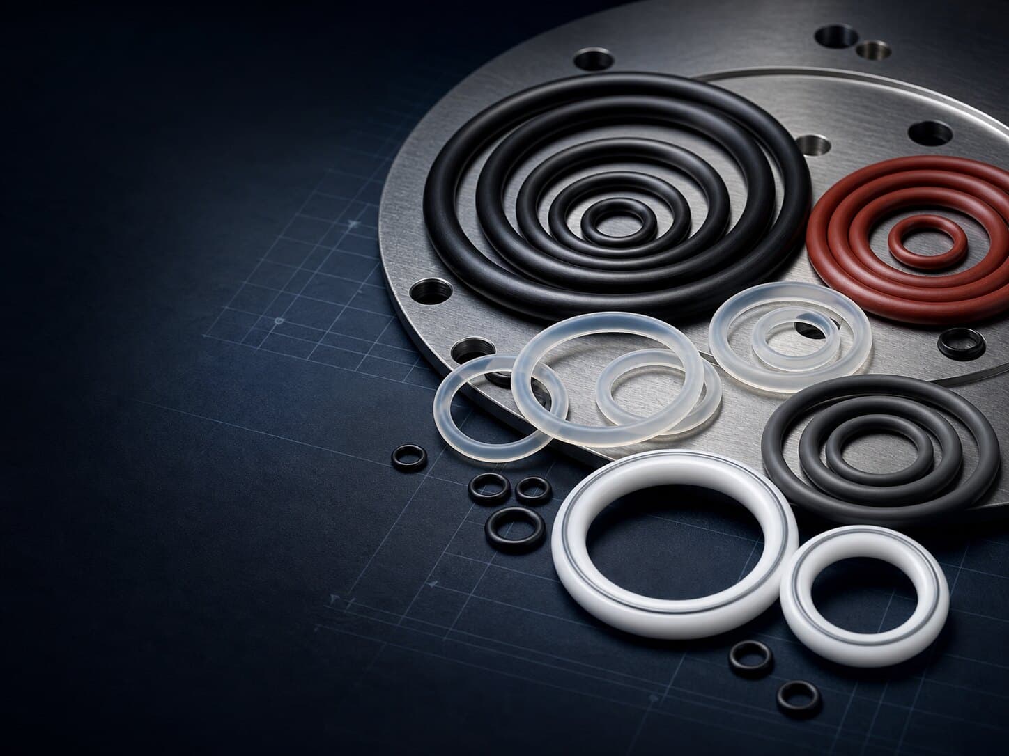 Assorted O-rings in black NBR, brown FKM, red silicone and translucent PTFE-encapsulated grades
