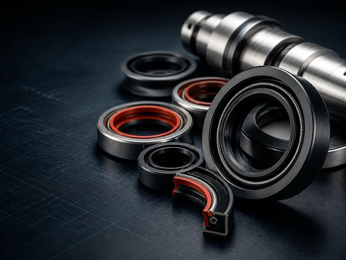 Rotary shaft oil seals showing the elastomer lip, garter spring and steel case