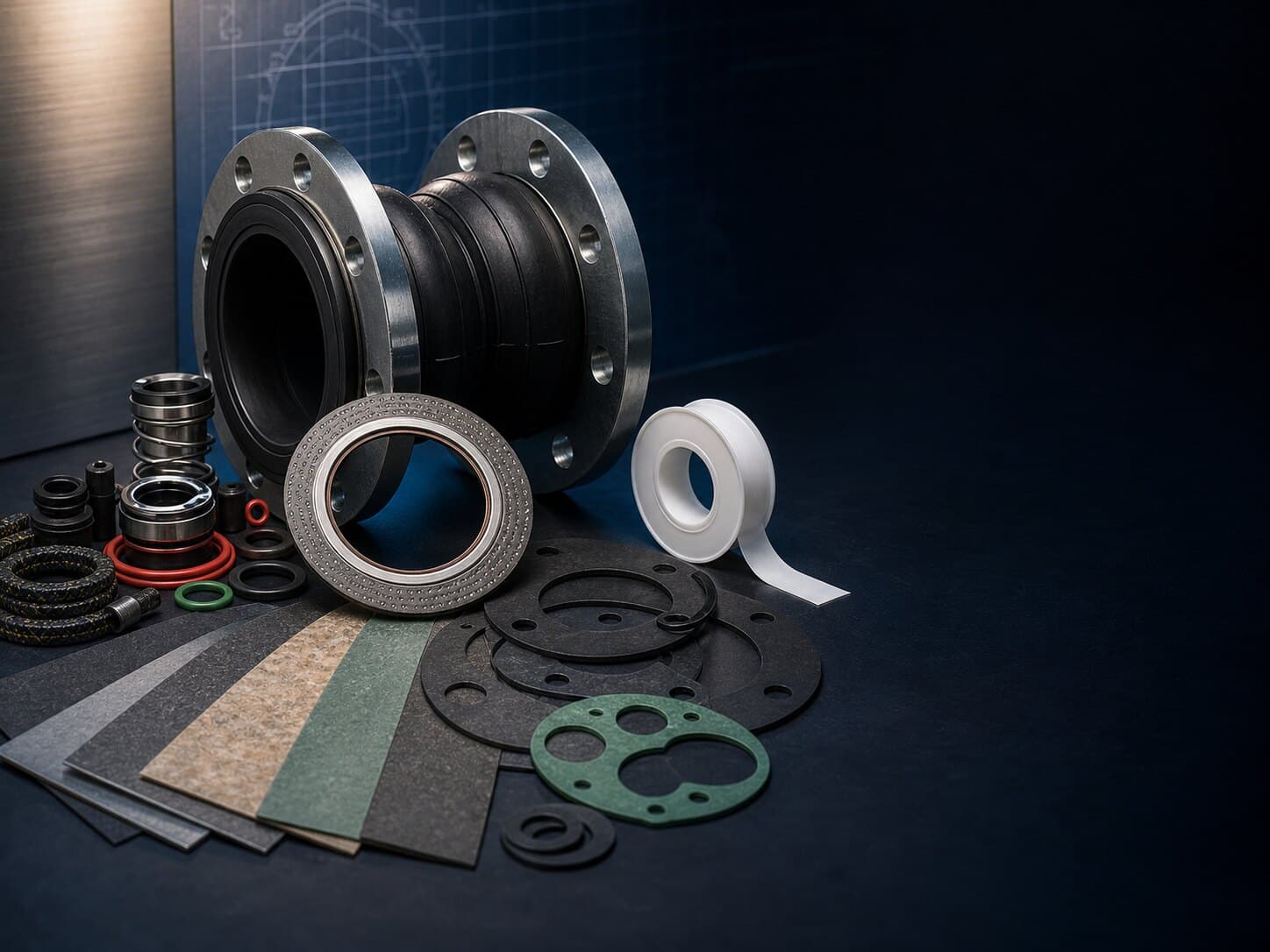 Specialised sealing products including PTFE tape, an RTJ metallic gasket and an expansion joint