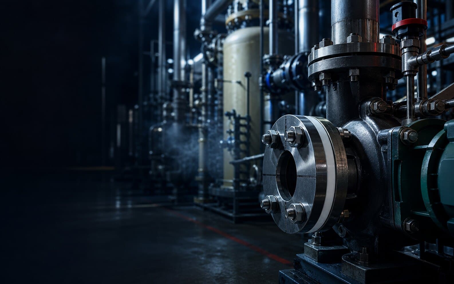 Chemical process plant with reactors, pumps and stainless pipework