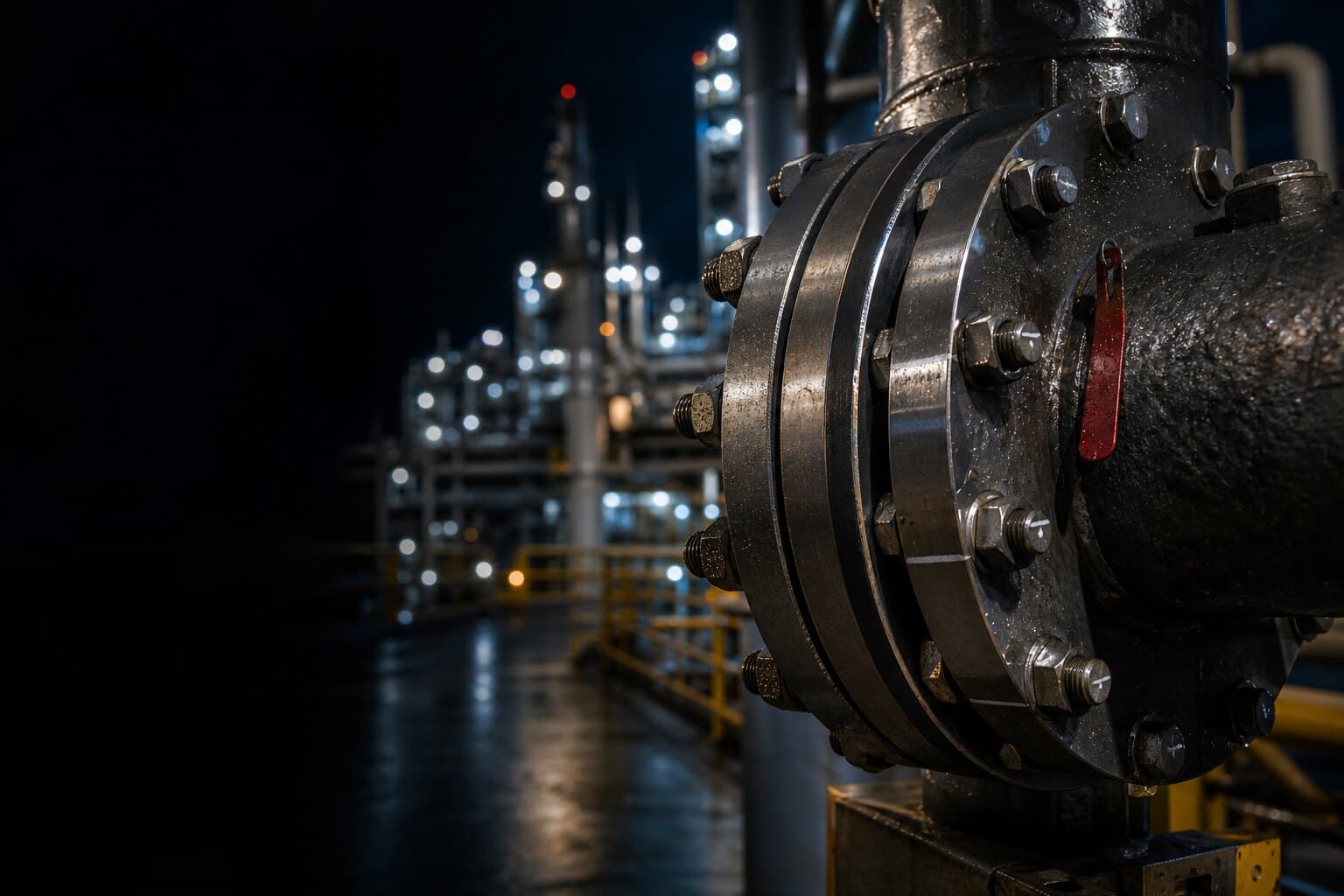 Oil and gas processing facility with high-pressure flanged pipework
