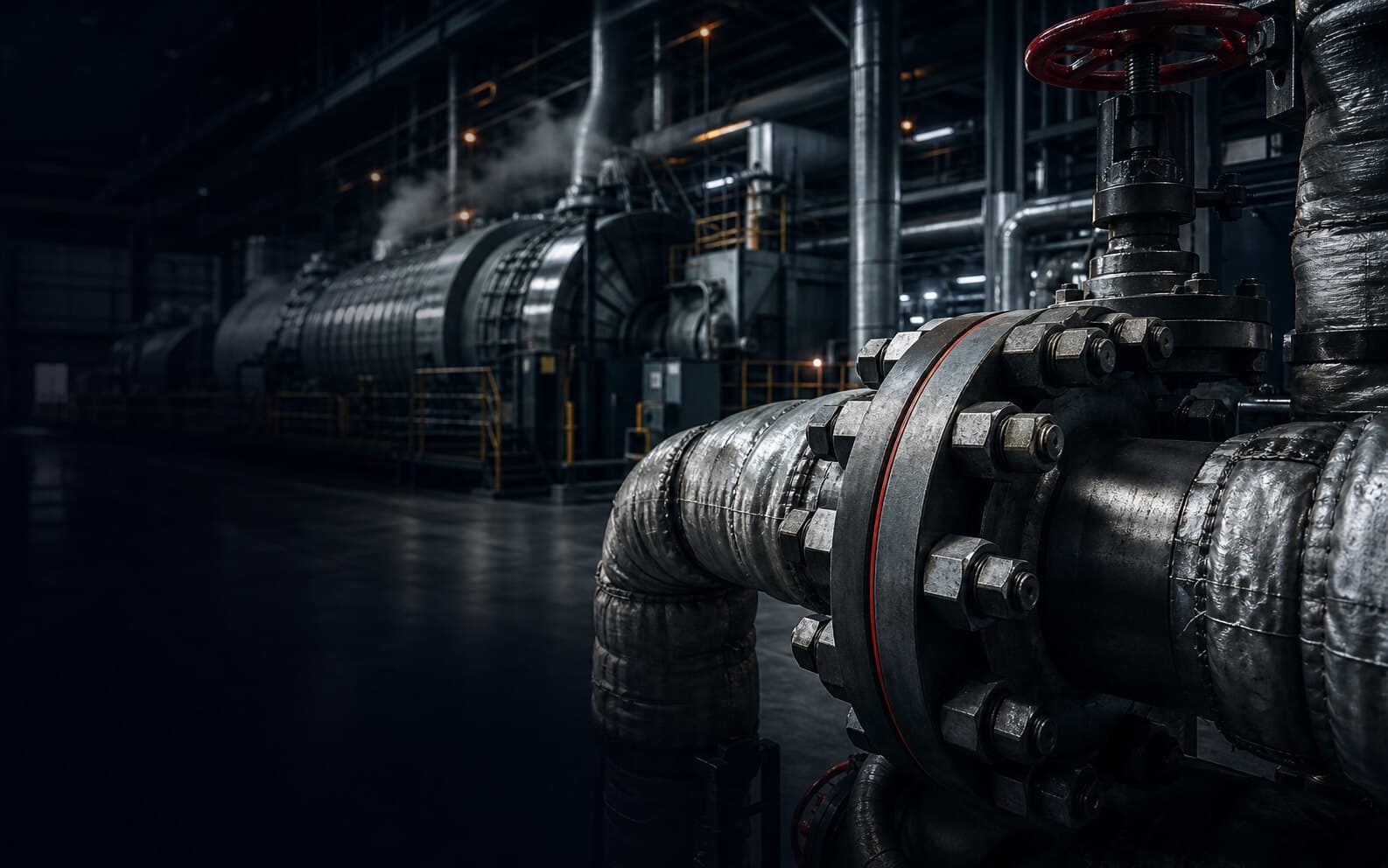 Power station turbine hall with steam pipework and headers
