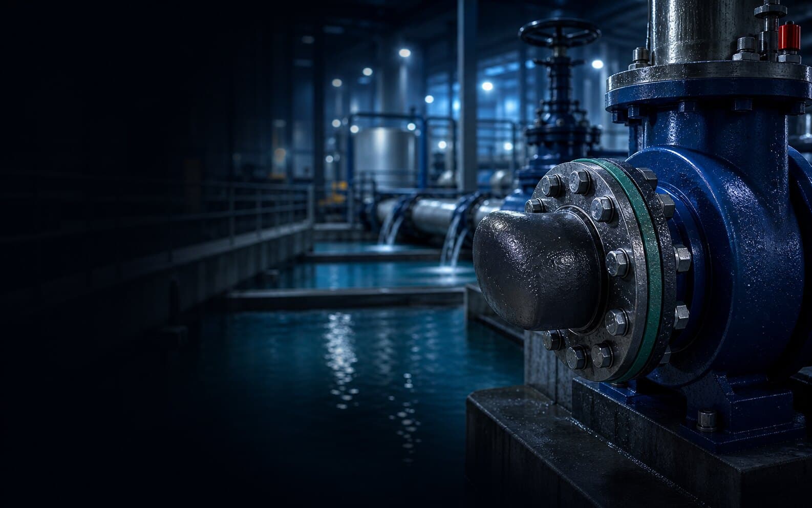 Water treatment plant with settlement tanks and large valves
